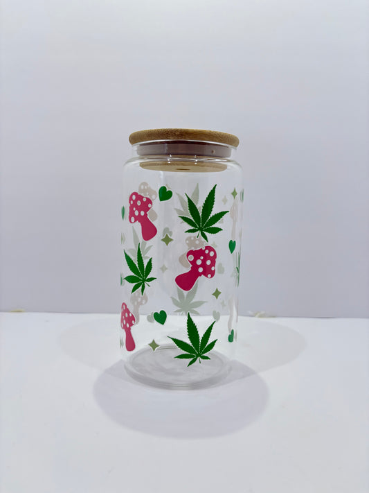 Pink mushrooms and weed plants