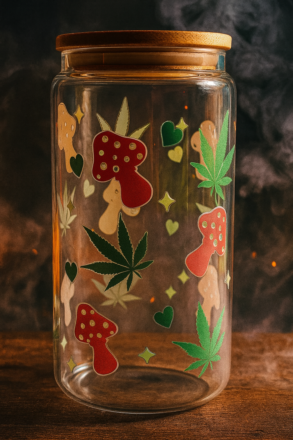 Pink mushrooms and weed plants